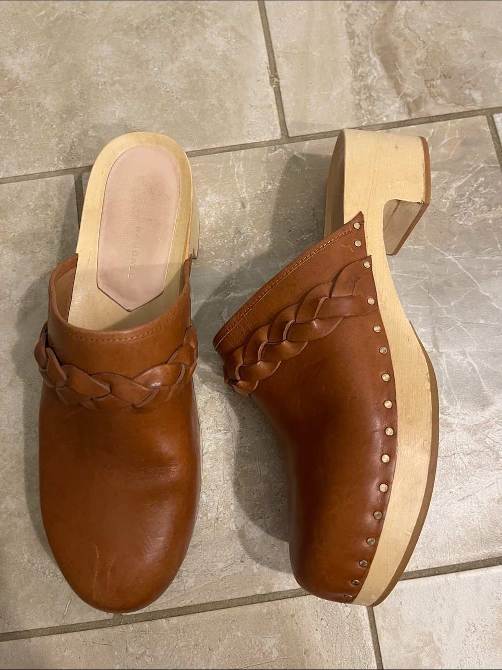 Loeffler Randall 10.5 Lupa Wooden Leather Clog Cognac Braided Strap